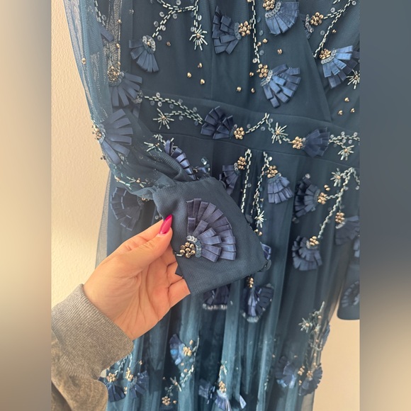 MAC DUGGAL Navy Mesh Long Sleeve V Neck Tiered A Line Gown 8 - Picture 8 of 9